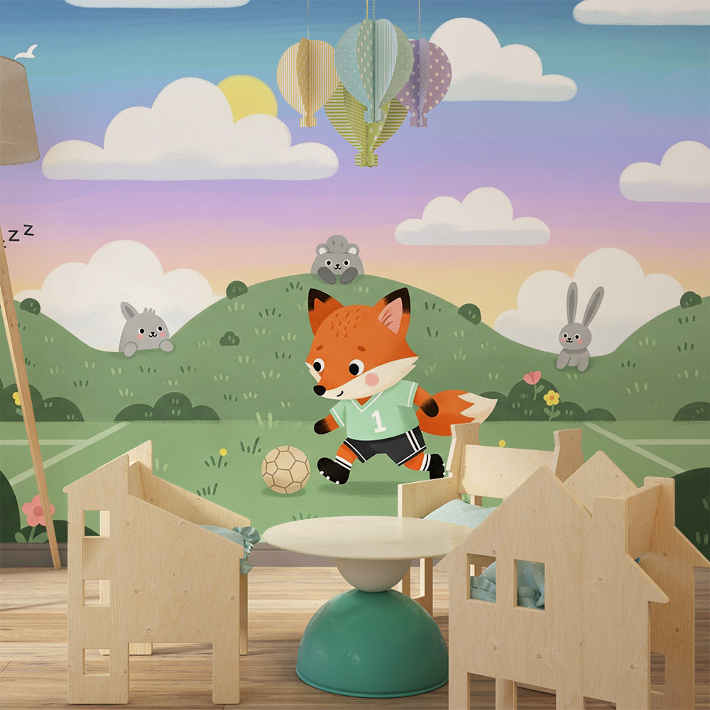 Kids-Mundo fox and woodland friends wall mural brightening a fun children's playroom wall.