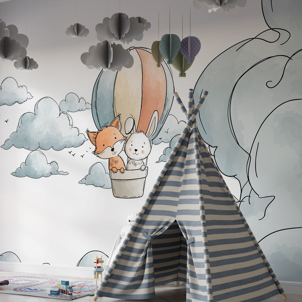 Fox and rabbit hot air balloon wallpaper creating magical atmosphere in children's bedroom