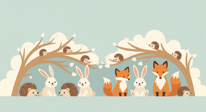 Kids-Mundo flat artwork of a fox and rabbit woodland archway wall mural design