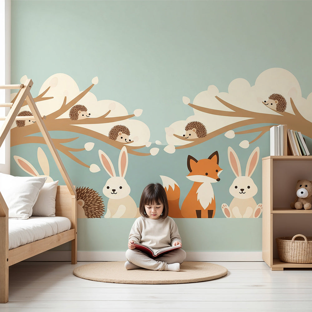 Kids-Mundo fox and rabbit woodland archway wall mural made to measure in a nursery