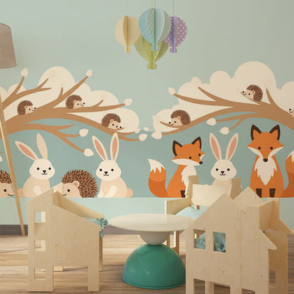 Kids-Mundo fox and rabbit archway mural styled in a bright playroom setting