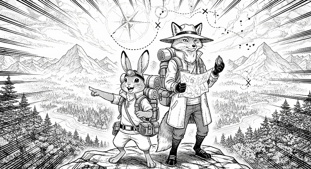 Kids-Mundo flat artwork preview of the black-and-white fox and rabbit mountain adventure wall mural design.