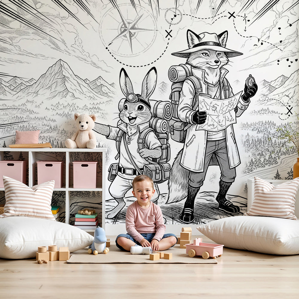Kids-Mundo fox and rabbit mountain wall mural styled in a soft neutral nursery with cot and wooden shelving.