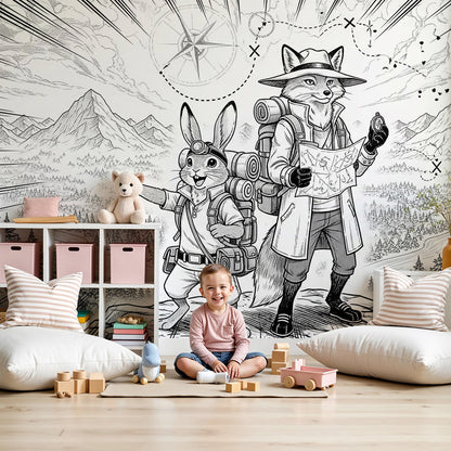 Kids-Mundo fox and rabbit mountain wall mural styled in a soft neutral nursery with cot and wooden shelving.