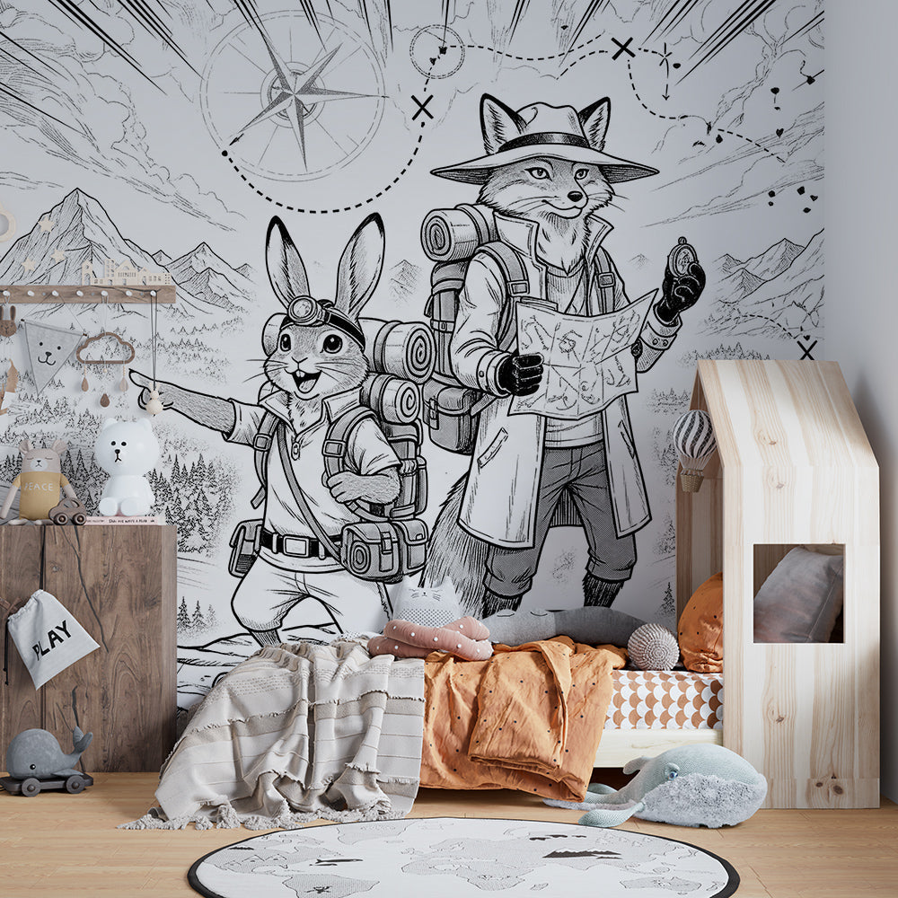 Kids-Mundo mountain explorer wall mural covering a feature wall in a colourful children's playroom.