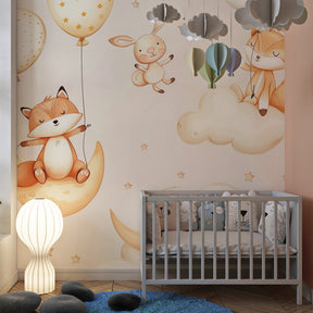 Dreamy sky mural wallpaper with foxes and rabbits on clouds perfect for peaceful baby room by Kids-Mundo