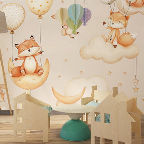 Whimsical fox rabbit wallpaper in cozy kids bedroom with natural wood furniture and soft lighting
