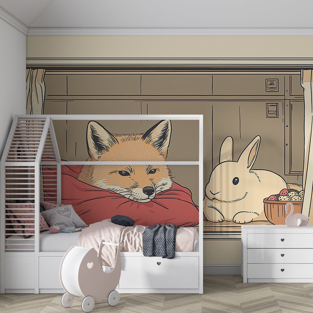 Peaceful fox rabbit wallpaper in children's bedroom with natural wood furniture