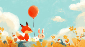 Detailed fox and rabbit friendship mural wallpaper design pattern with red balloon by Kids-Mundo