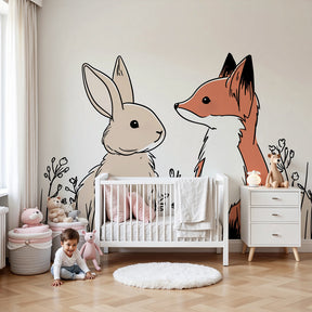 Fox and rabbit mural wallpaper creating peaceful woodland nursery decor by Kids-Mundo