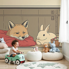 Fox and rabbit mural wallpaper creating cozy woodland nursery decor by Kids-Mundo