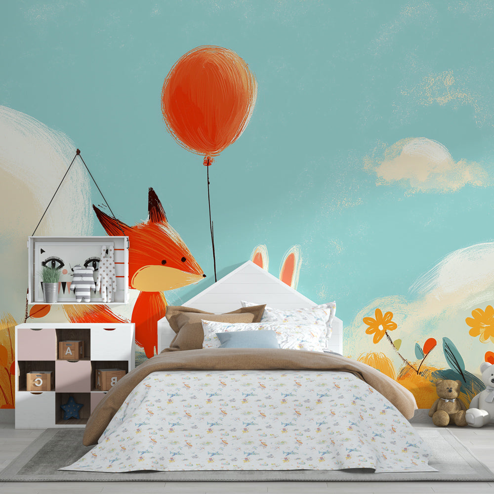 Fox rabbit balloon adventure mural wallpaper transforming children's playroom by Kids-Mundo