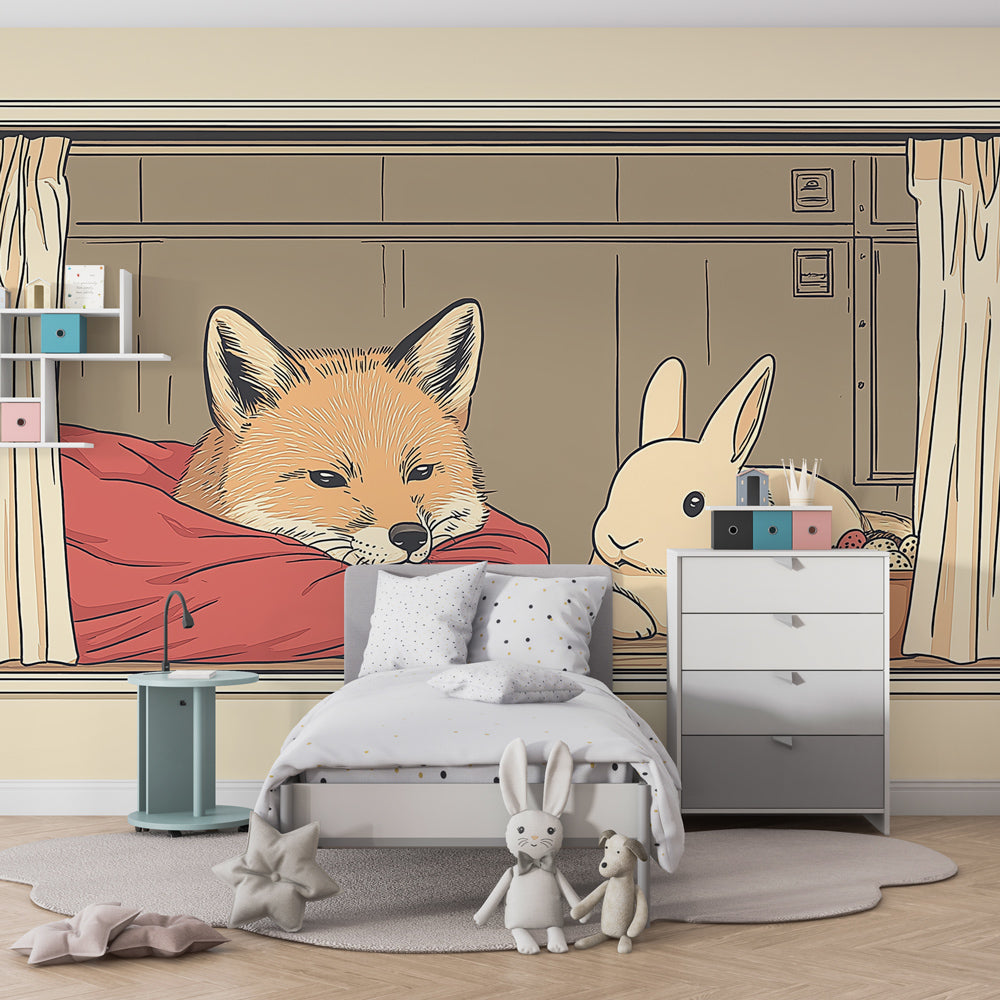 Woodland animal mural wallpaper transforming kids playroom into friendship space