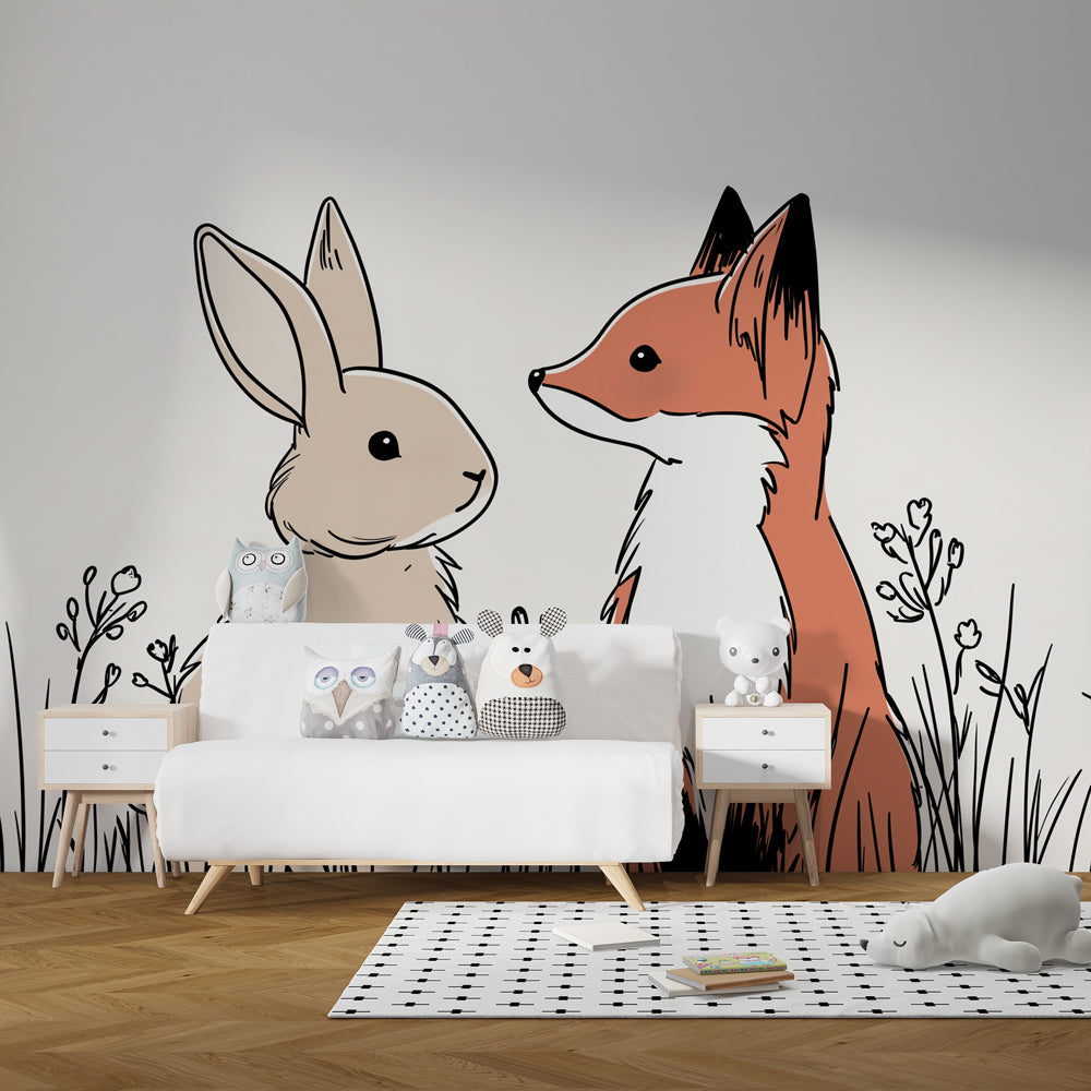 Gentle fox and rabbit wallpaper transforming children's playroom with nature theme