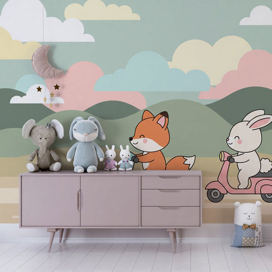 Kids-Mundo fox and rabbit wall mural on a lively feature wall in a child's bedroom.