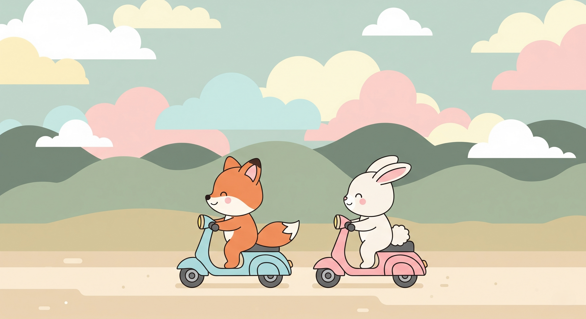 Kids-Mundo flat artwork of a fox and rabbit riding scooters across a pastel hillside.