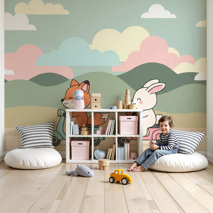 Kids-Mundo fox and rabbit scooter wall mural bringing playful adventure to a soft nursery room.
