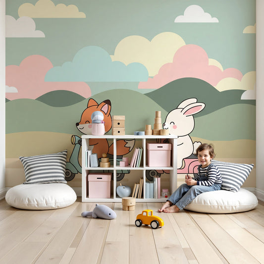 Kids-Mundo fox and rabbit scooter wall mural bringing playful adventure to a soft nursery room.