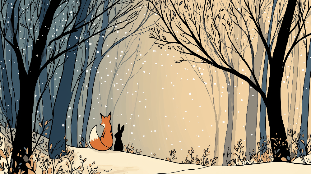 Kids-Mundo flat illustration of a fox and rabbit sitting together in a snowy winter forest
