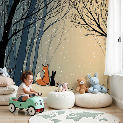Kids-Mundo fox and rabbit snowy forest wall mural behind a cot in a soft beige nursery