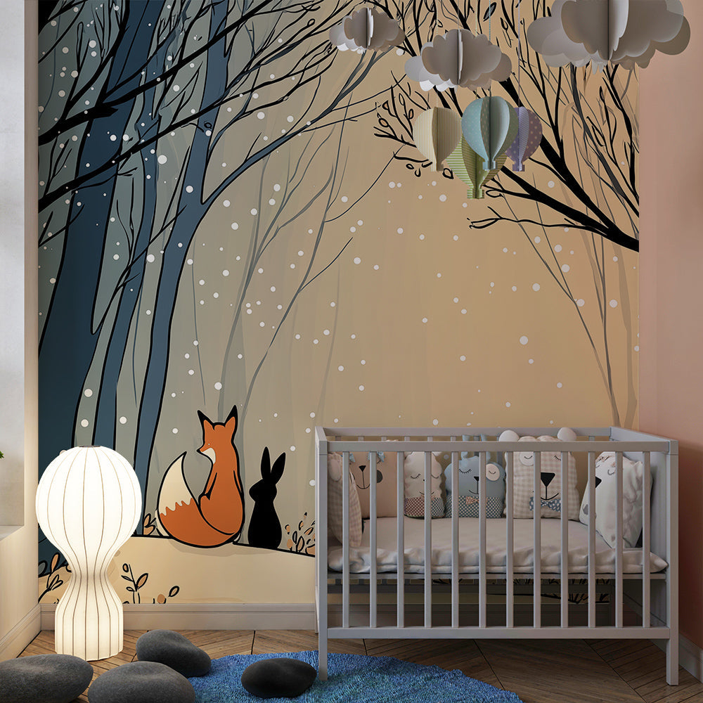 Kids-Mundo snowy forest fox and rabbit mural on a playroom wall behind a play tent