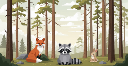 Kids-Mundo flat artwork of a fox, raccoon and rabbit resting among tall pine trees