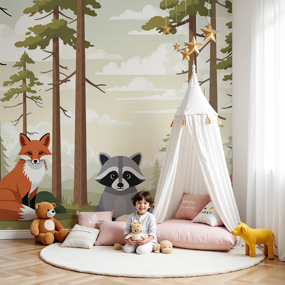 Kids-Mundo fox, raccoon and rabbit forest wall mural in a warm toned nursery