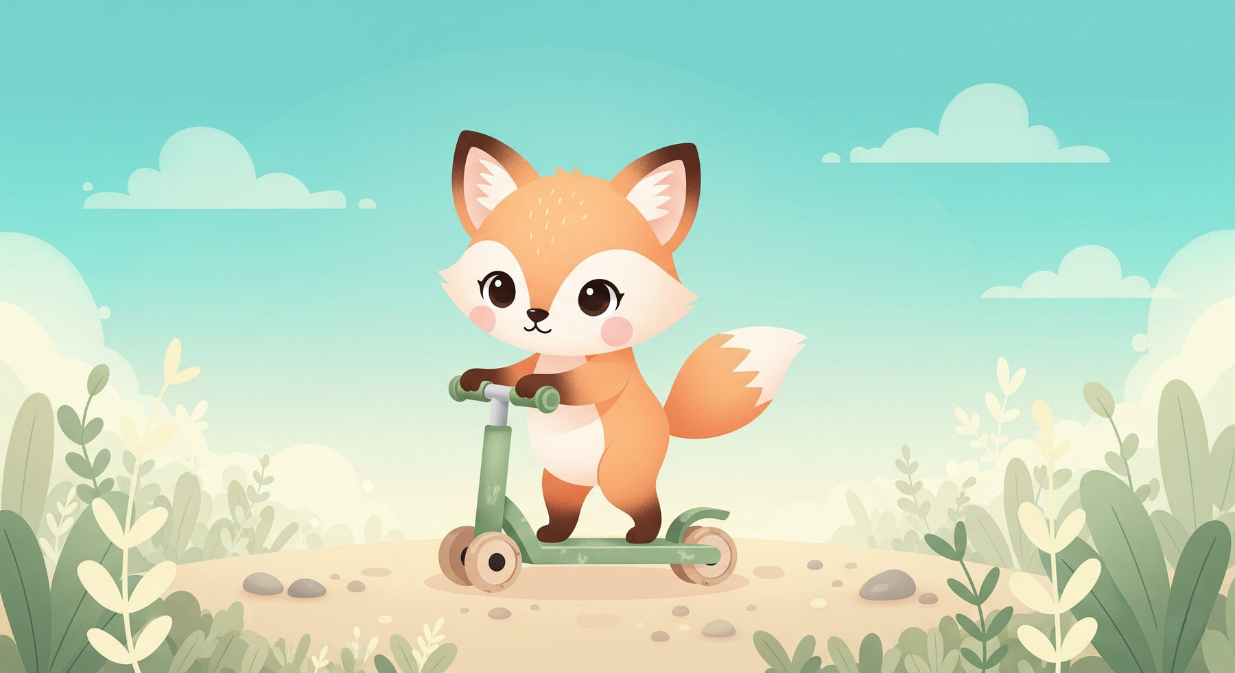 Detailed fox scooter mural wallpaper design pattern showing woodland adventure theme by Kids-Mundo