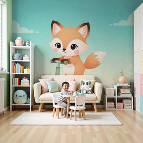 Fox scooter mural wallpaper creating playful adventure theme in modern nursery by Kids-Mundo