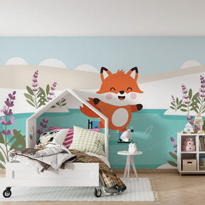 Winter fox mural wallpaper creating magical children's bedroom decor with skating theme by Kids-Mundo