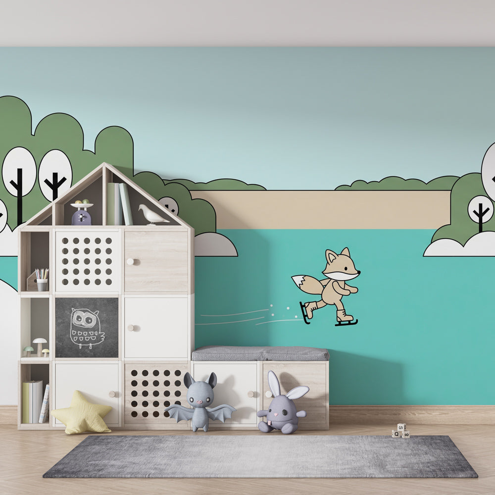 Fox skating winter wallpaper transforming children's playroom into winter wonderland