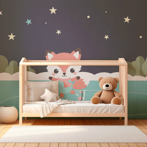 Starry night fox mural wallpaper transforming kids playroom into winter wonderland