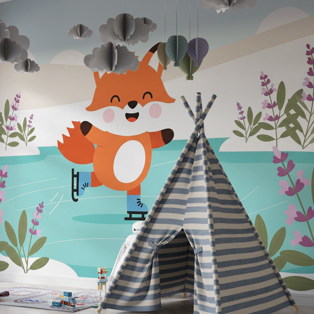 Colorful fox skating mural wallpaper transforming kids' playroom into winter wonderland by Kids-Mundo