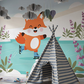 Colorful fox skating mural wallpaper transforming kids' playroom into winter wonderland by Kids-Mundo