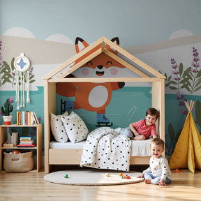Fox skating winter mural wallpaper in modern nursery room with natural wood furniture by Kids-Mundo