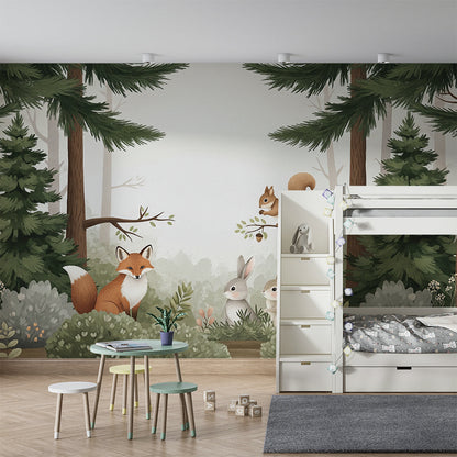 Kids-Mundo forest animal wall mural with fox and squirrel in a shared kids bedroom