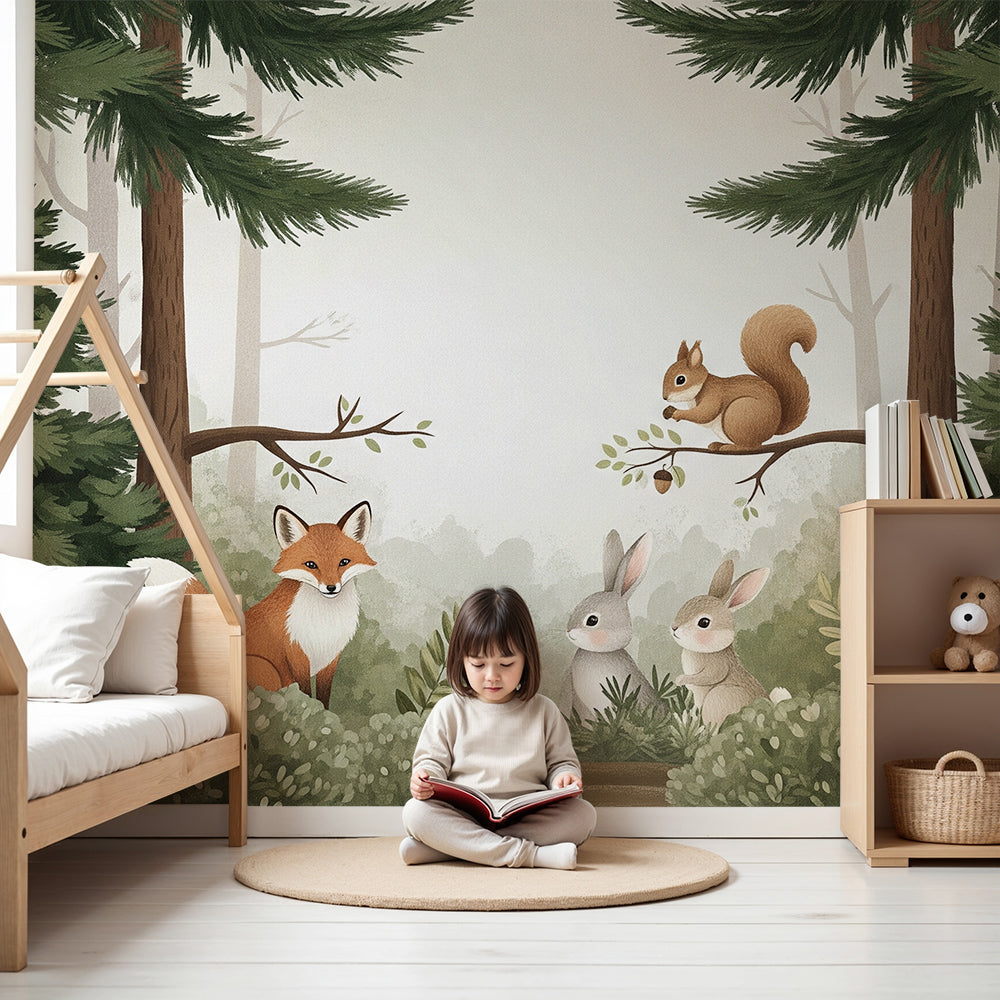 Kids-Mundo fox, squirrel and rabbits woodland wall mural in a green themed nursery