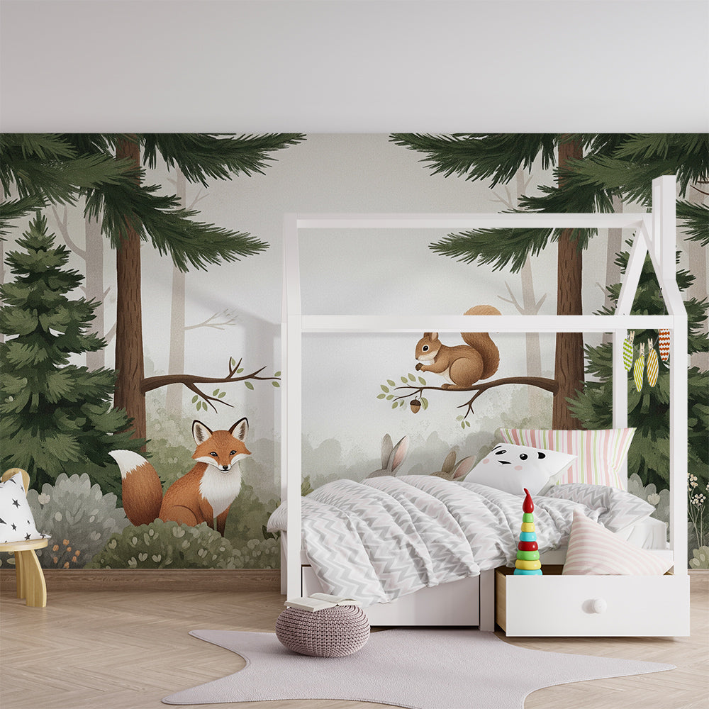 Kids-Mundo woodland friends mural bringing pine trees and animals into a playroom