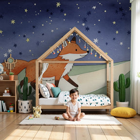 Fox stars mural wallpaper creating magical nighttime atmosphere in modern nursery by Kids-Mundo