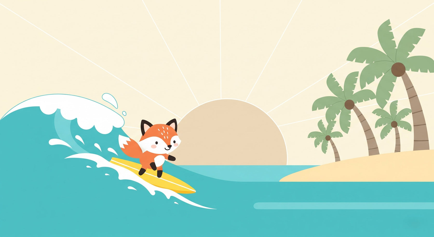 Detailed fox surfer tropical beach mural wallpaper design pattern with palm trees by Kids-Mundo