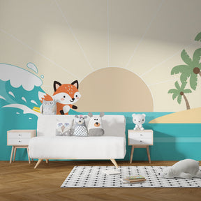 Ocean-themed fox surfer mural wallpaper transforming playroom into tropical paradise