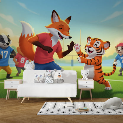 Kids-Mundo fox and tiger sports field wall mural covering a bedroom wall with cheering animal teammates.