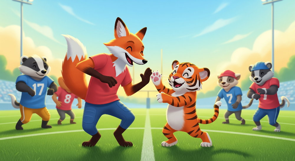 Fox and Tiger High Five on the Sports Field Wall Mural