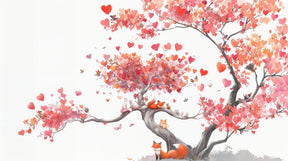 Detailed fox tree mural wallpaper design pattern with heart leaves and butterflies by Kids-Mundo