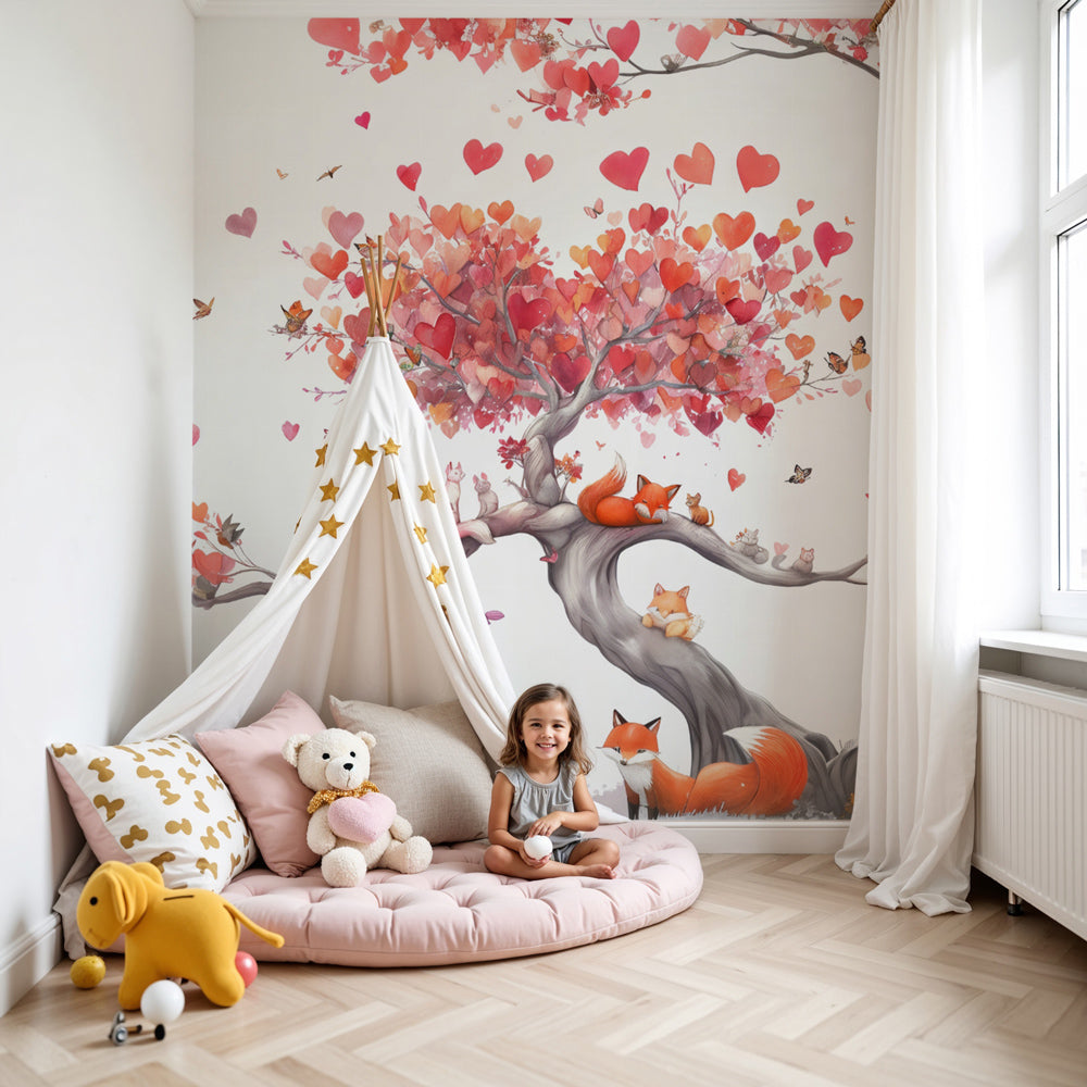Fox tree mural wallpaper with heart leaves decorating modern nursery room by Kids-Mundo