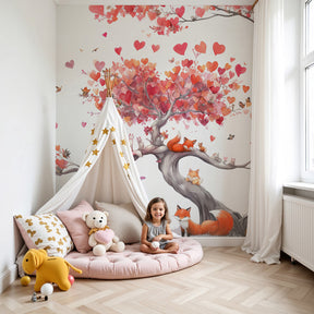Fox tree mural wallpaper with heart leaves decorating modern nursery room by Kids-Mundo