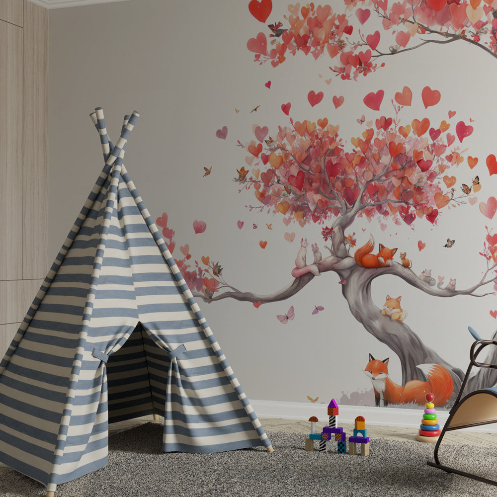 Heart-themed fox tree wallpaper transforming kids playroom into enchanted forest
