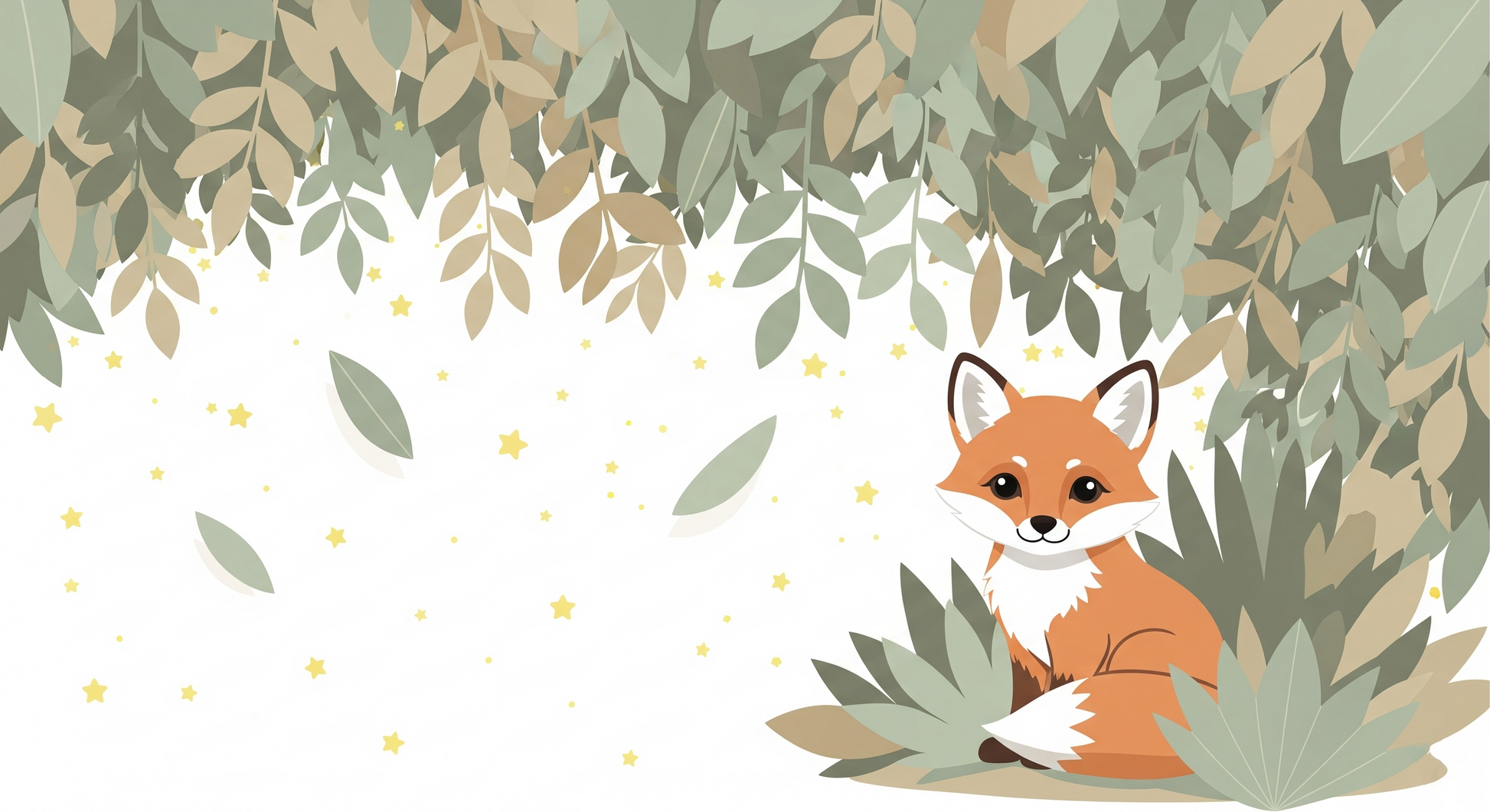 Kids-Mundo flat artwork of a fox sitting beneath hanging leaves and scattered gold stars.