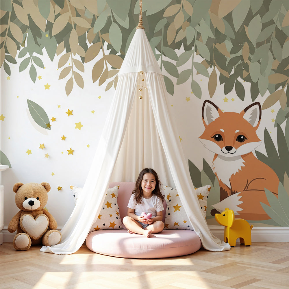 Kids-Mundo woodland fox wall mural with hanging leaves and gentle stars in a soft nursery room.