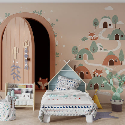 Kids-Mundo hillside fox village mural styled on a wall in a cosy kids bedroom